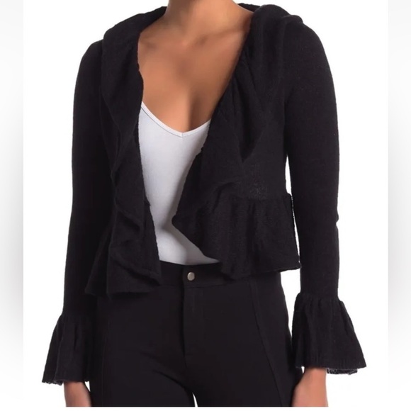 Nanette Lepore Ruffle Open Front Cardigan Sweater Merino Wool Womens Large - Picture 1 of 6
